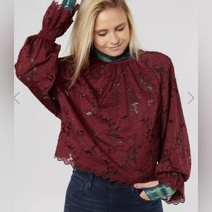 Free People Olivia Red Wine Lace Top Sz Small